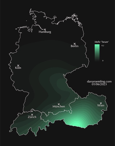 The picture shows a map of the German-speaking area, here represented by the state borders of Austria, Germany and Switzerland. A linguistic variable is visualised showing 'dog' at different locations and frequencies.