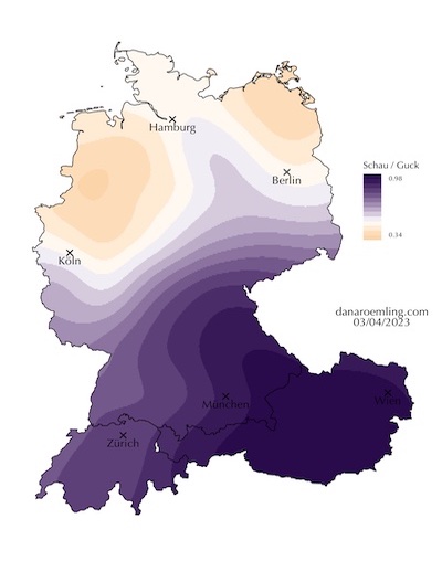 The picture shows a map of the German-speaking area, here represented by the state borders of Austria, Germany and Switzerland. A linguistic variable is visualised showing that 'to see' is regionally distributed.